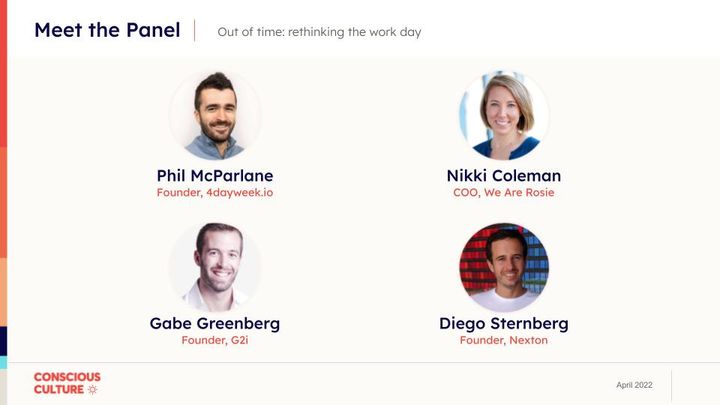 Opening slide for the panel featuring photos of the panelists, with their names and job titles below.