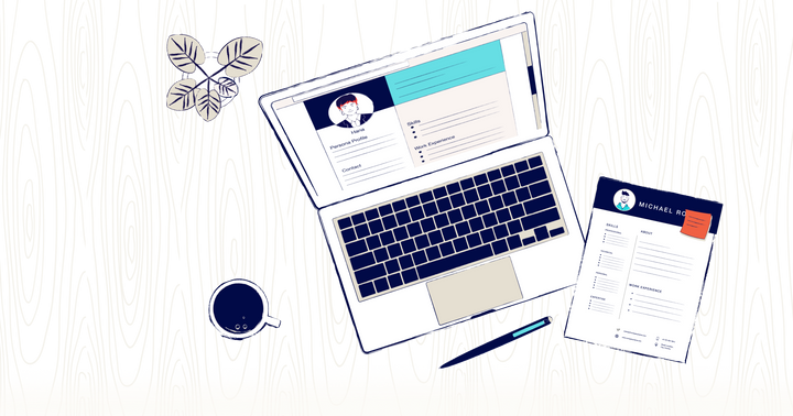 An open laptop on a desk showing a resume on the screen. On the desk is another resume, a coffee, and a plant.